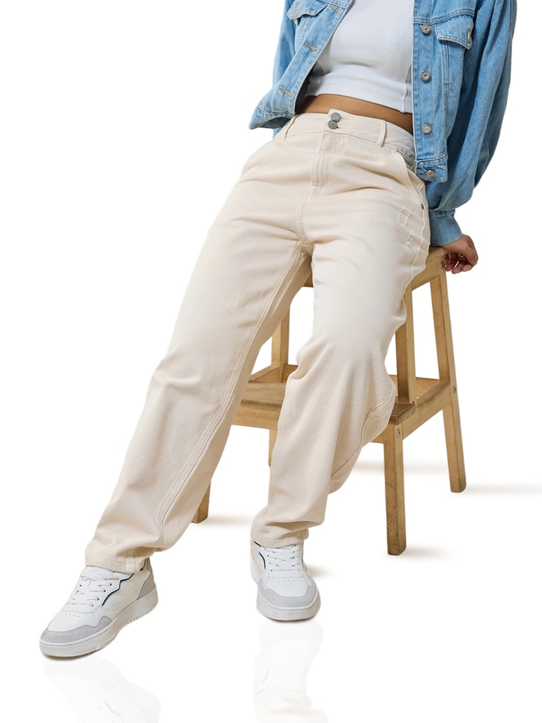 

Bewakoof Women Tapered Fit High-Rise Baggy Jeans, Beige