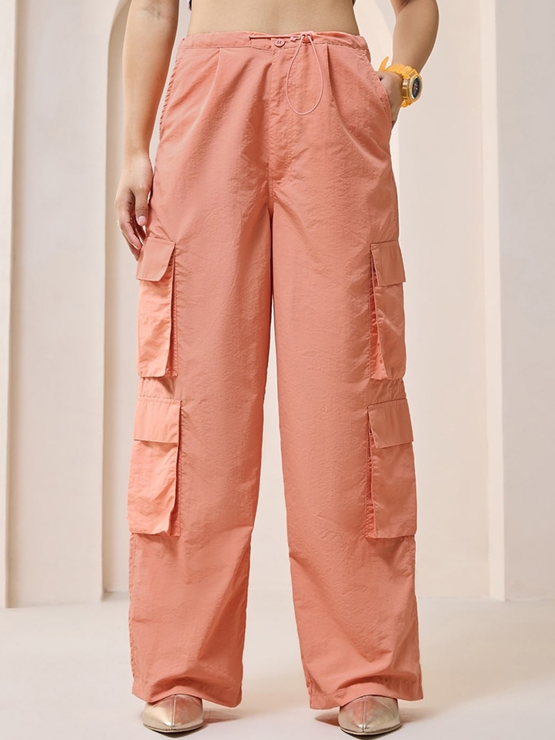 

Bewakoof Women Baggy Oversized Cargo Parachute Pants, Orange
