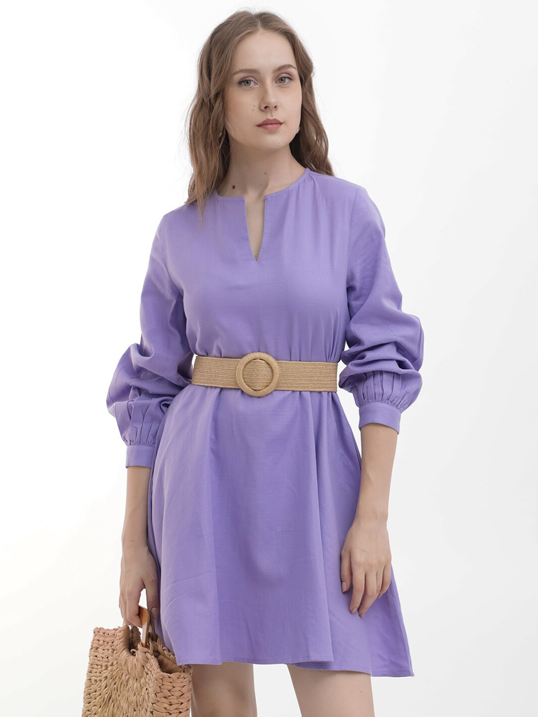 

RAREISM Puff Sleeve Fit & Flare Mini Dress Comes with a belt, Purple