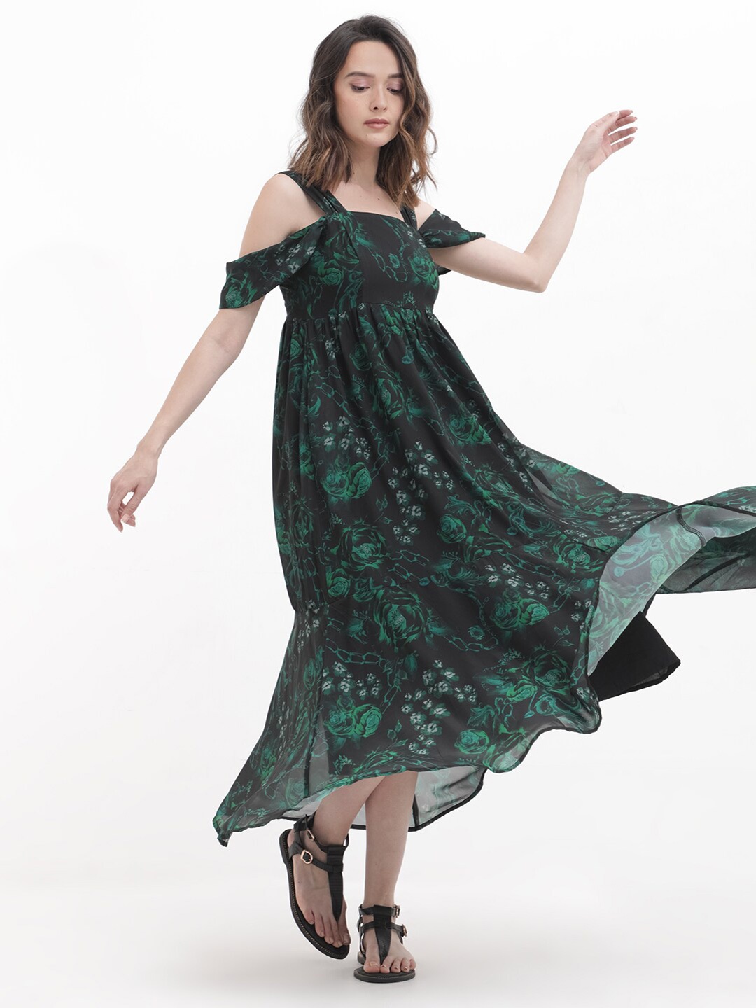 

RAREISM Floral Printed Cold-Shoulder Maxi Dress, Black