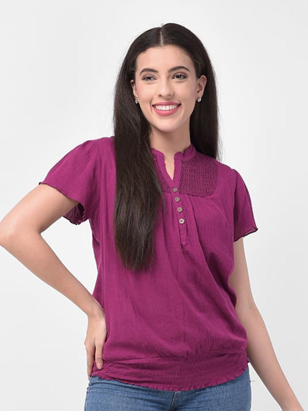 

250 DESIGNS Mandarin Collar Top, Purple