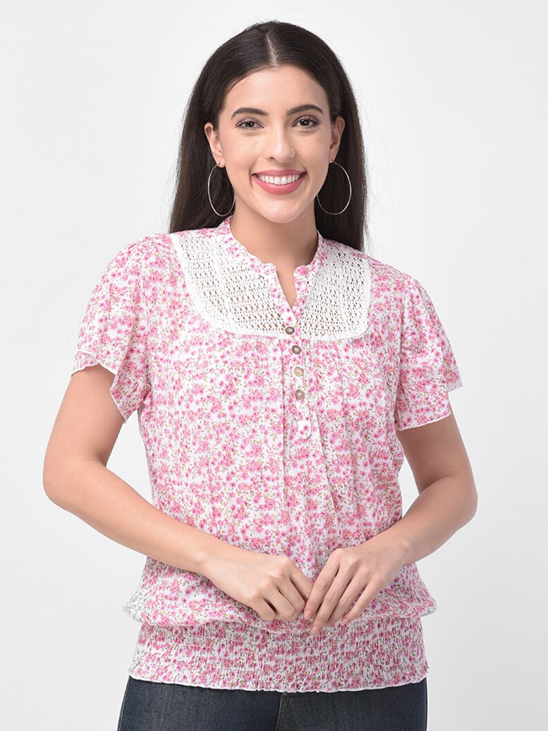 

250 DESIGNS Floral Print Mandarin Collar Puff Sleeve Top, Pink