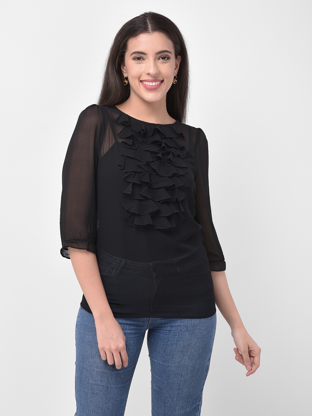 

250 DESIGNS Self Design Puff Sleeves Semi-Sheer Georgette Top, Black