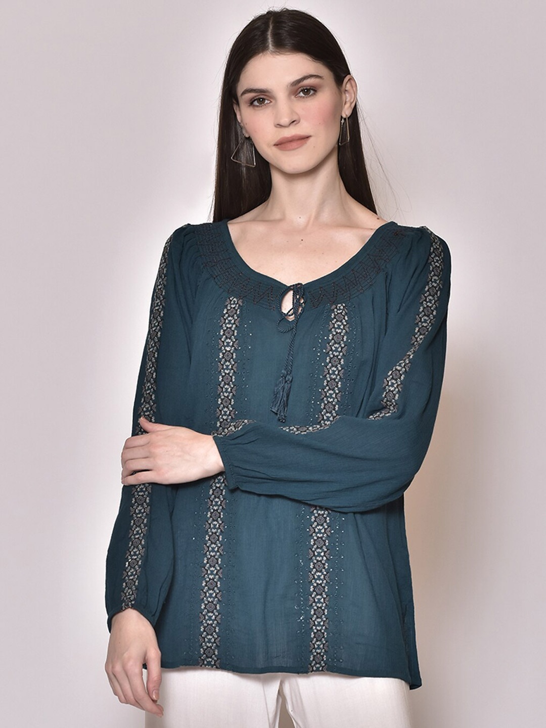 

250 DESIGNS Tie-Up Neck Bohemian Top, Green