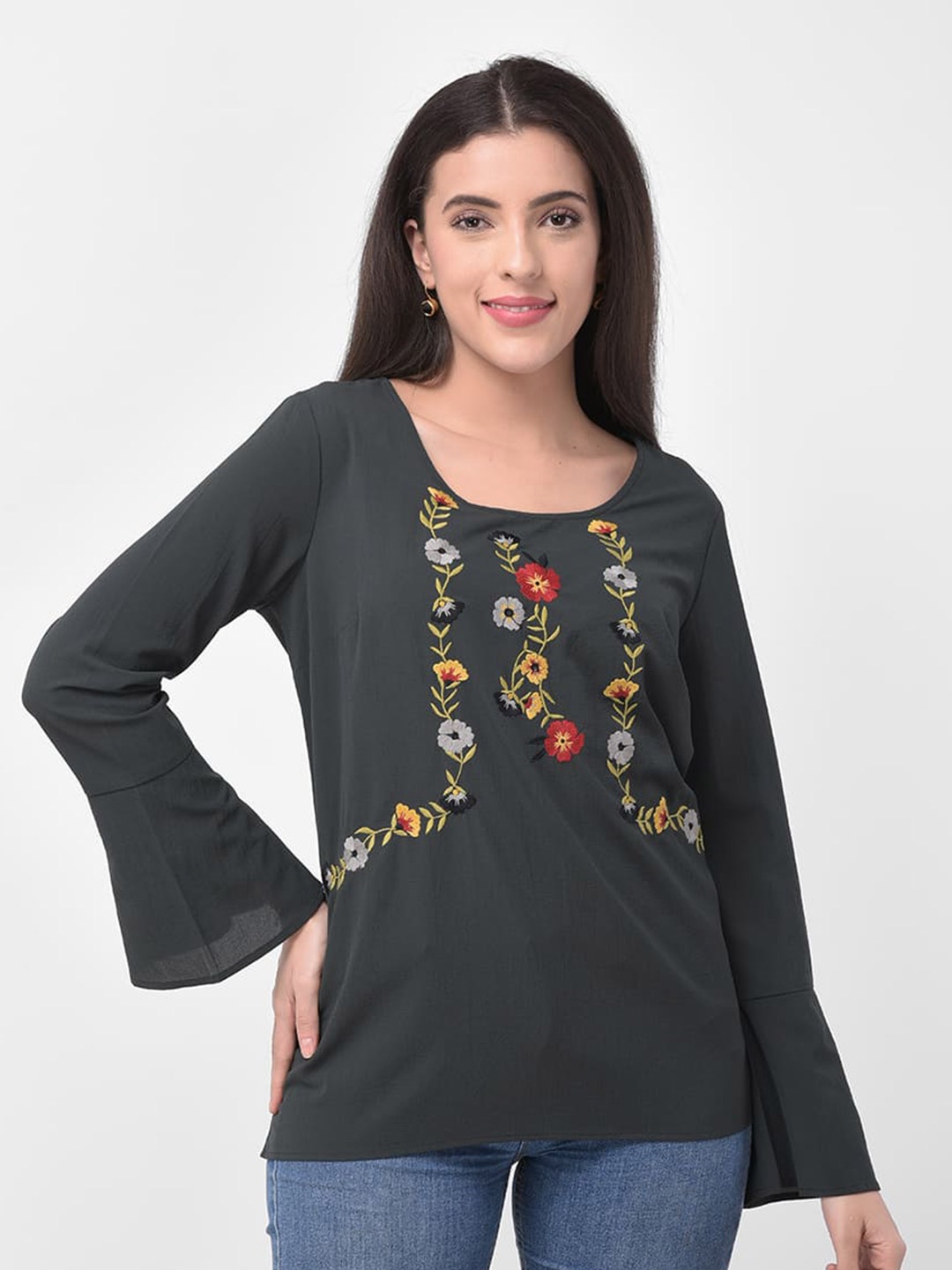 

250 DESIGNS Floral Embellished Bell Sleeve Georgette Top, Black