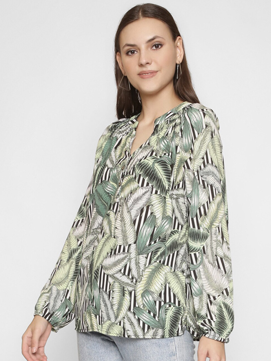 

250 DESIGNS Tropical Print Mandarin Collar Puff Sleeve Georgette Top, Multi