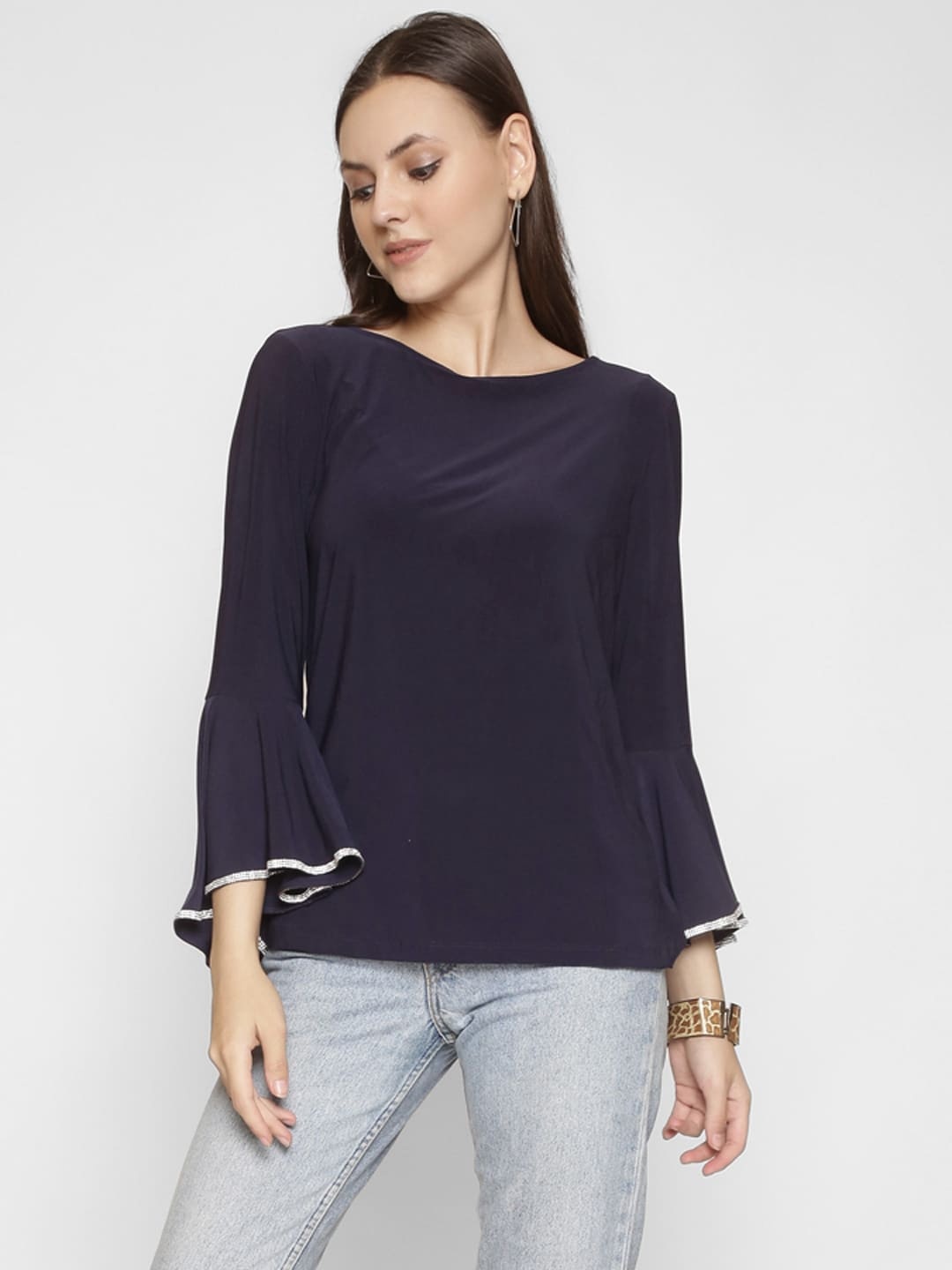 

250 DESIGNS Round Neck Bell Sleeves Ruffles Georgette Top, Navy blue