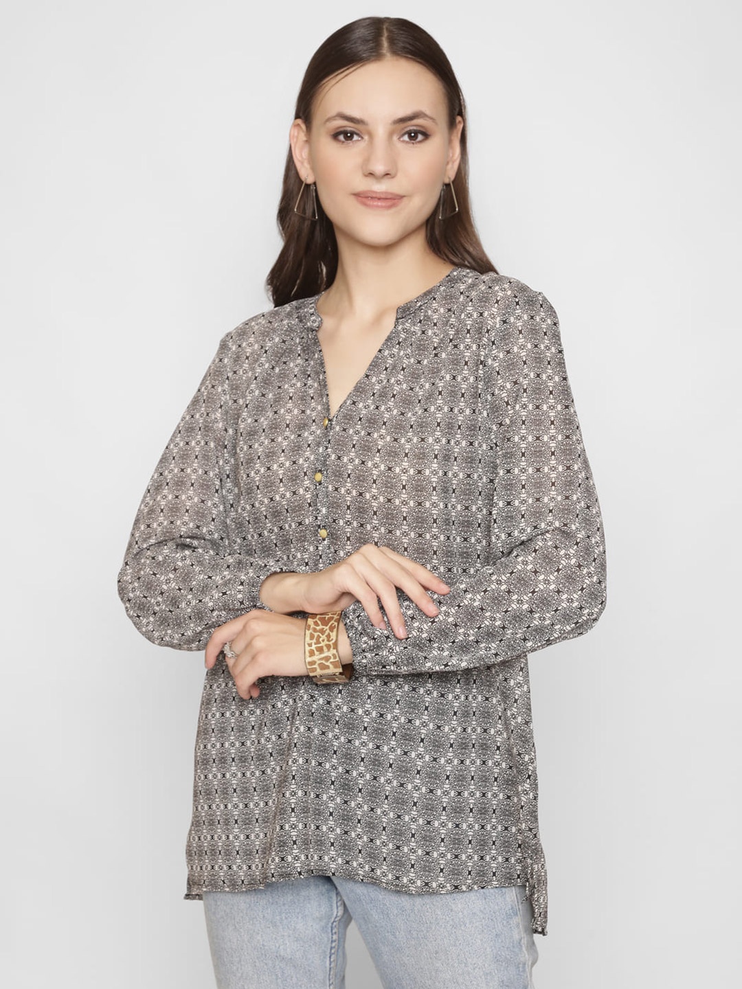 

250 DESIGNS Print Mandarin Collar Georgette Top, Grey