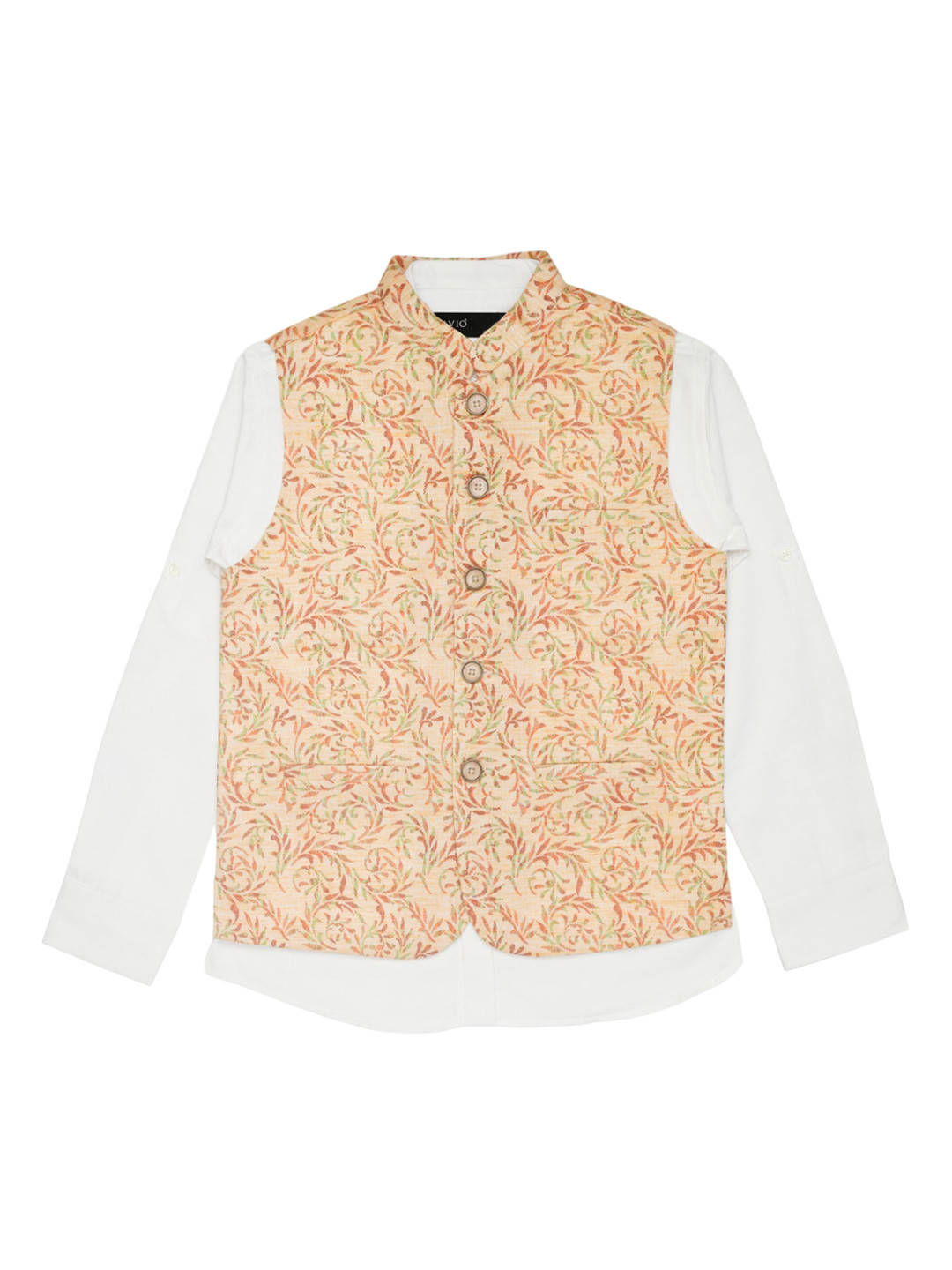 

CAVIO Boys Printed Pure Cotton Nehru Jacket With Shirt, Peach