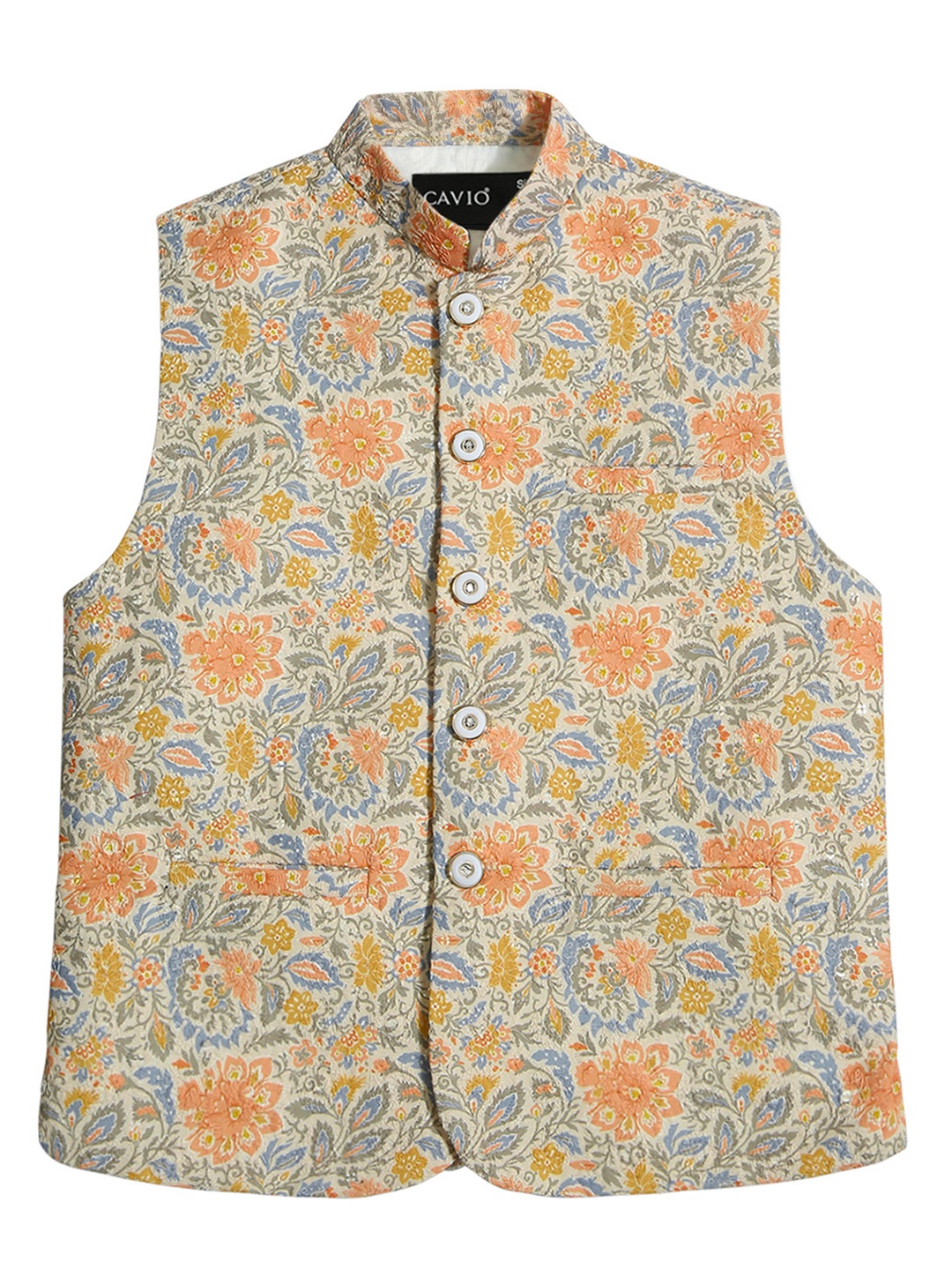 

CAVIO Boys Printed Comfort Fit Pure Cotton Woven Nehru Jacket, Beige