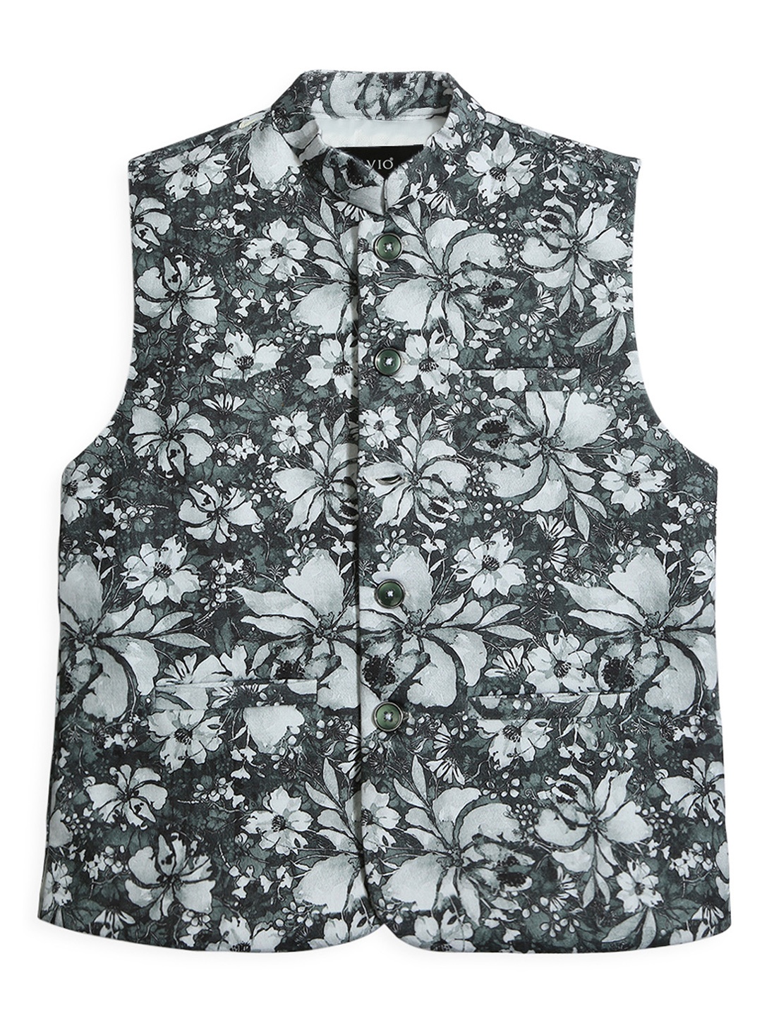 

CAVIO Boys Floral Printed Pure Cotton Nehru Jacket With Shirt, Green