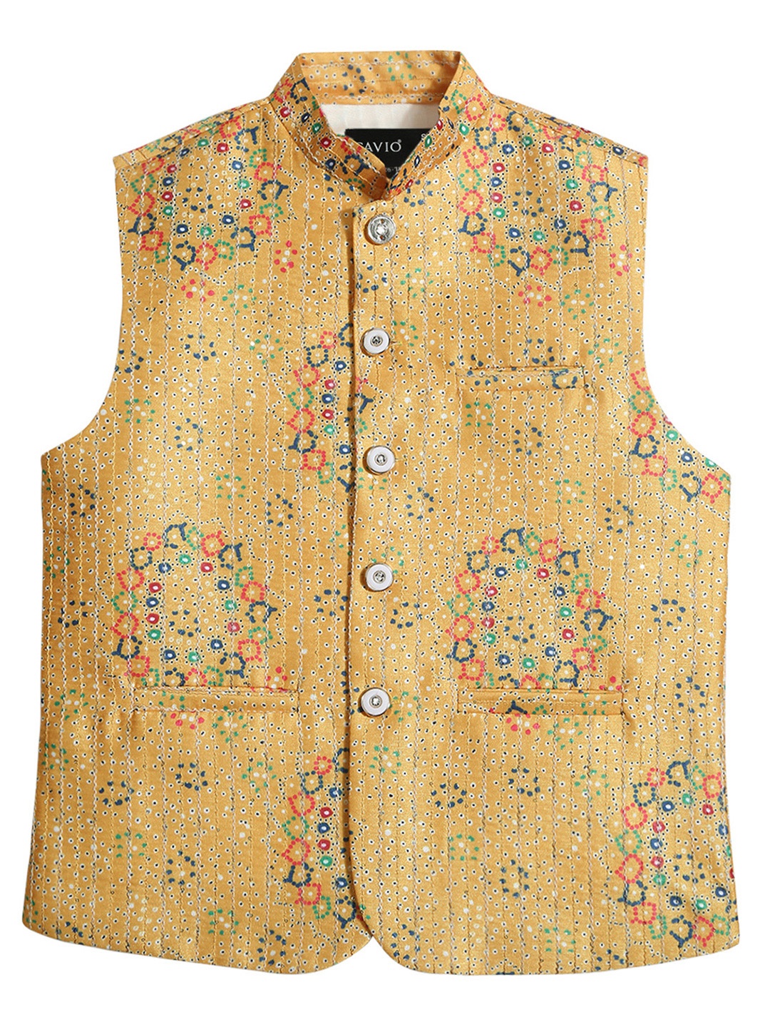 

CAVIO Boys Ethnic Motif Printed Pure Cotton Nehru Jacket With Shirt, Yellow