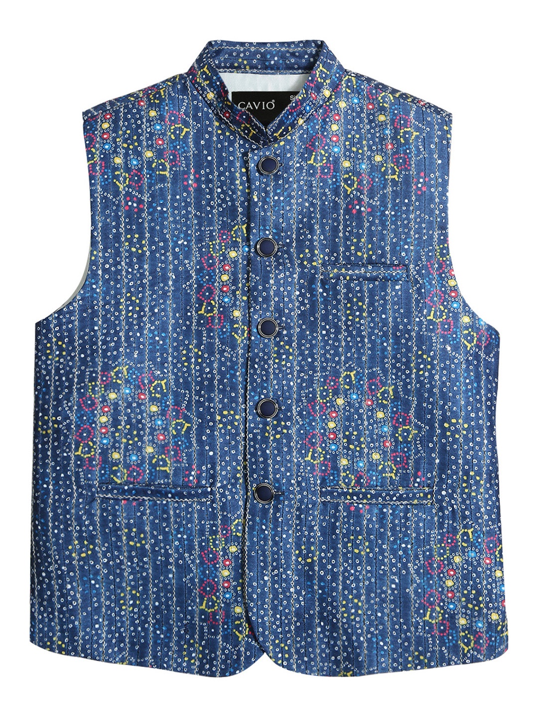 

CAVIO Boys Ethnic Motif Printed Pure Cotton Nehru Jacket With Shirt, Navy blue