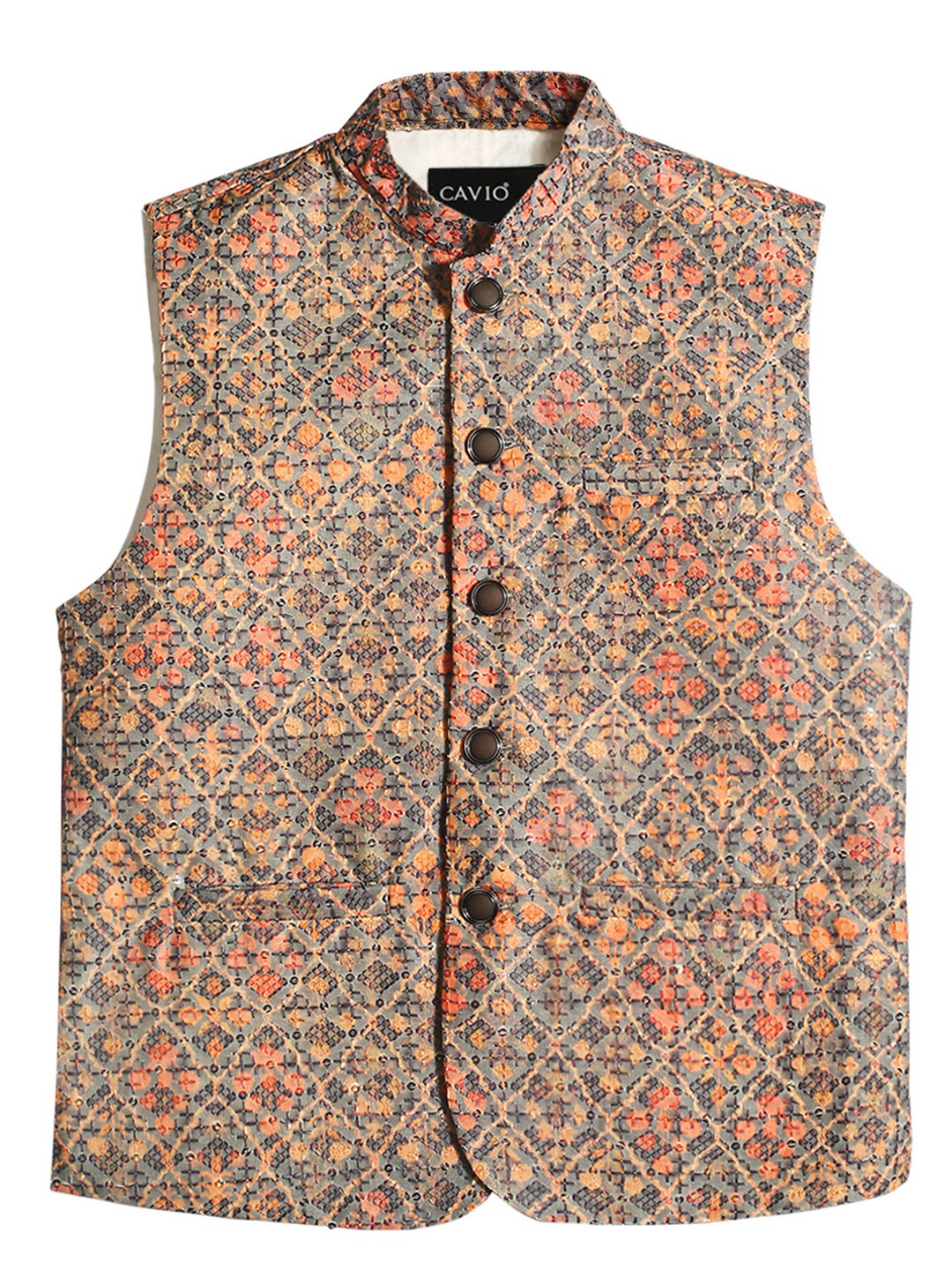 

CAVIO Boys Printed Pure Cotton Comfort Fit Nehru Jackets, Grey