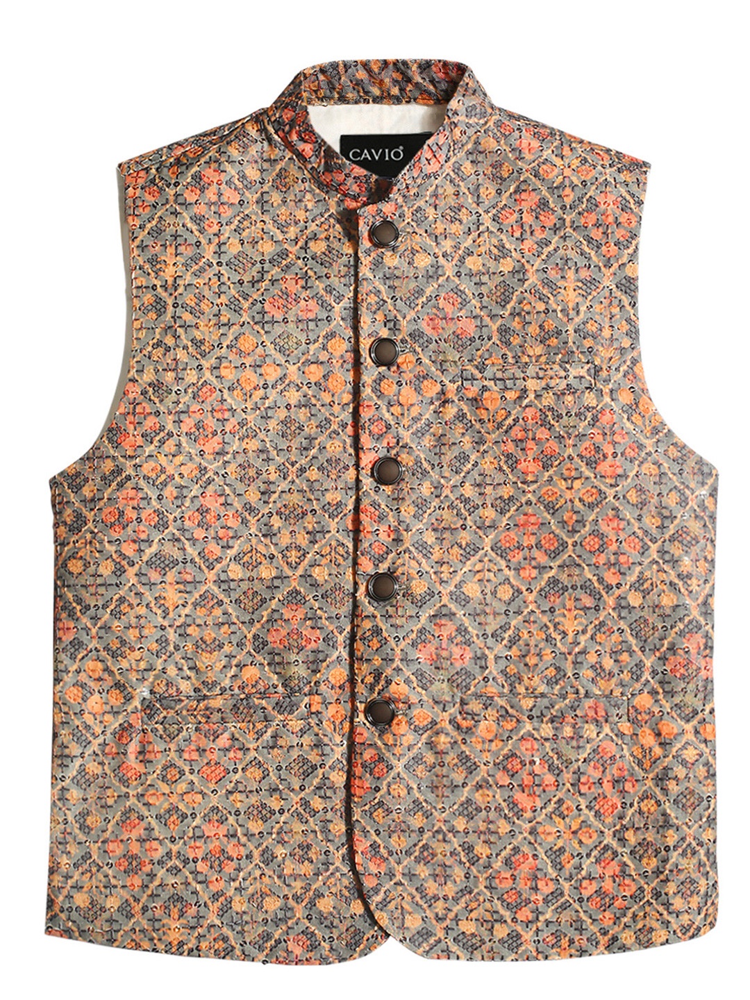 

CAVIO Boys Floral Printed Pure Cotton Nehru Jacket With Shirt, Grey