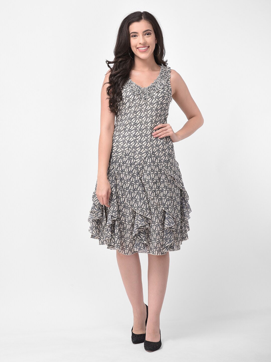

250 DESIGNS Printed Georgette Fit & Flare Dress, Grey