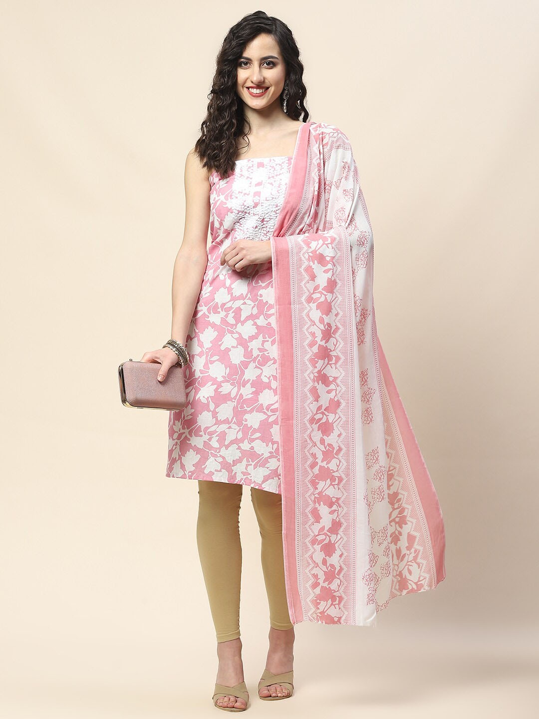 

Meena Bazaar Floral Printed Unstitched Dress Material, Pink