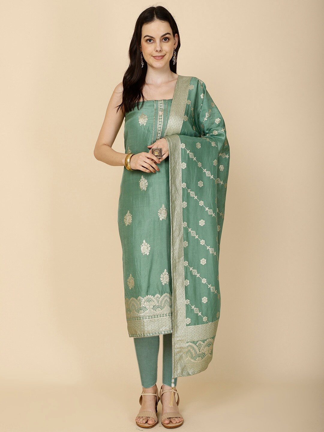 

Meena Bazaar Ethnic Motif Zari Woven Design Unstitched Dress Material, Green