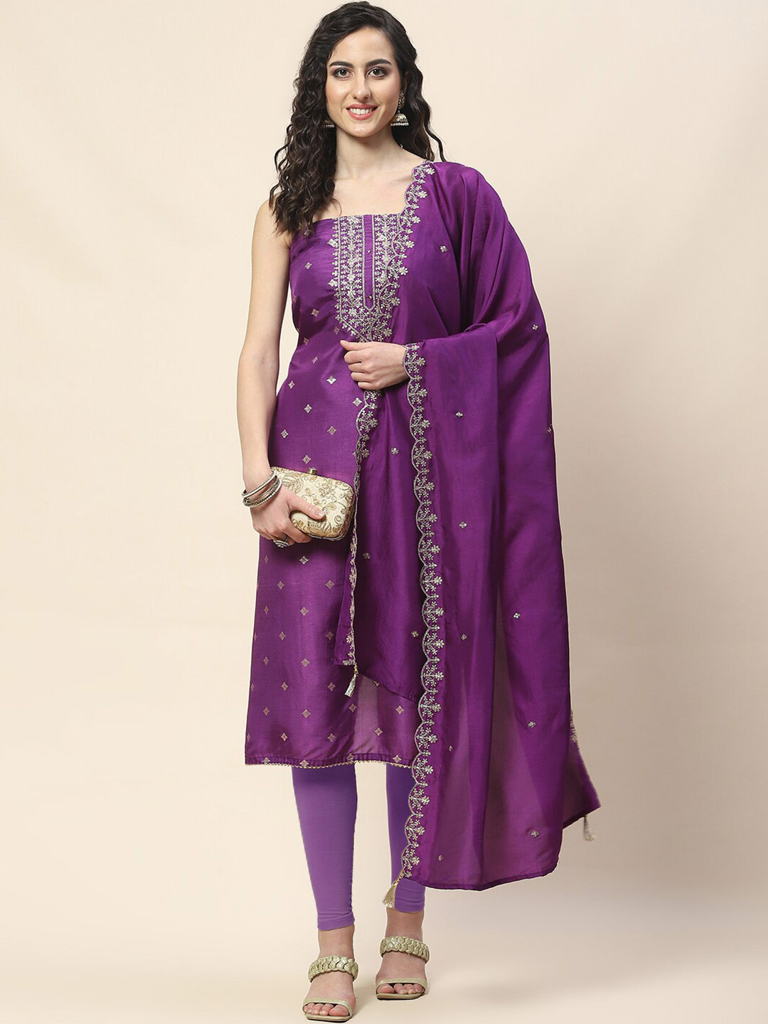 

Meena Bazaar Ethnic Motifs Embroidered Sequined Unstitched Dress Material, Purple