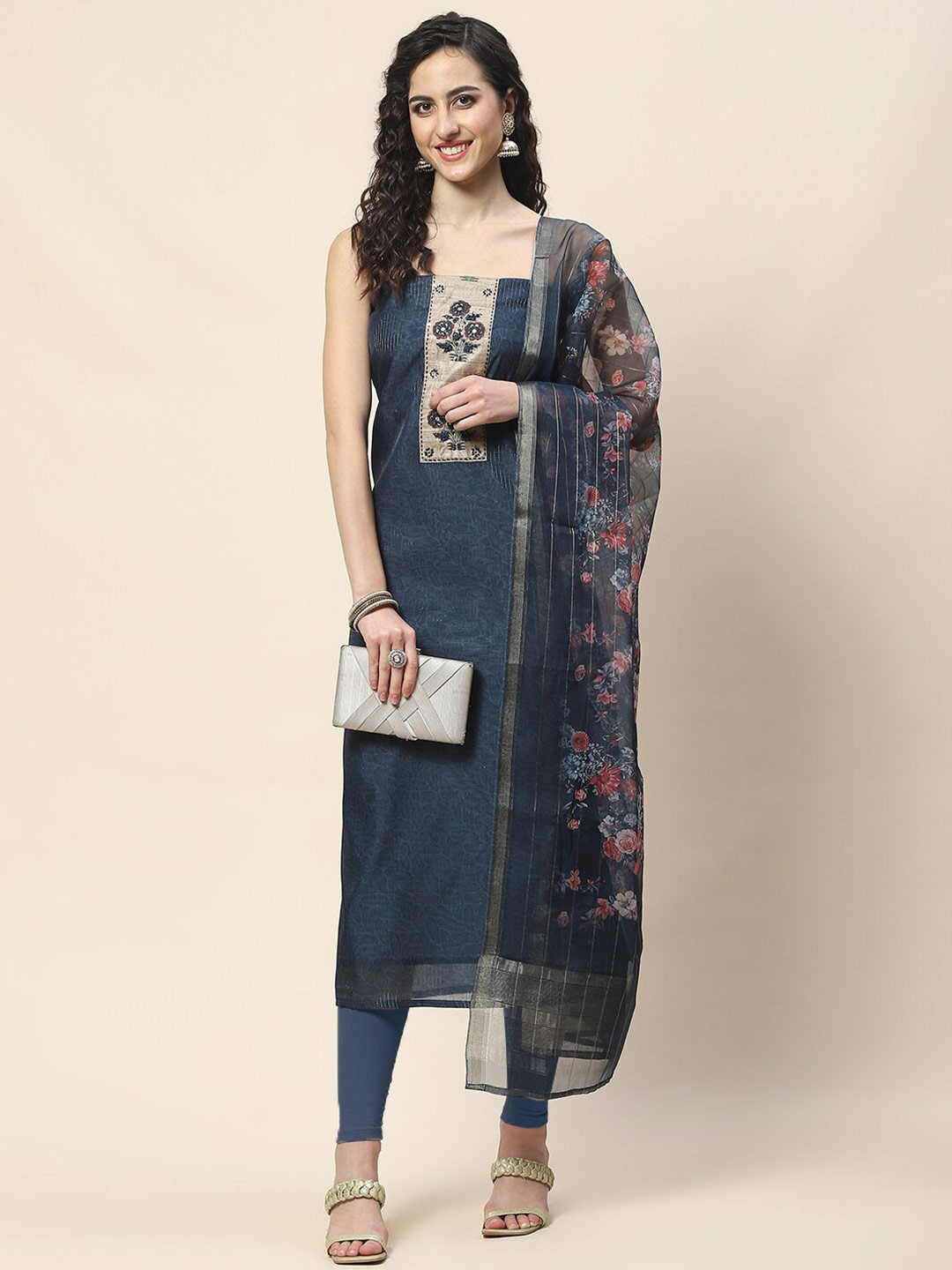 

Meena Bazaar Printed Art Silk Unstitched Dress Material, Navy blue