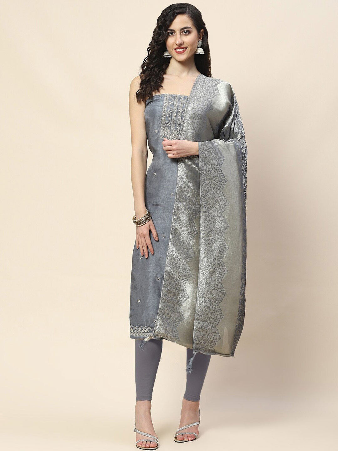 

Meena Bazaar Embroidered Art Silk Unstitched Dress Material, Grey