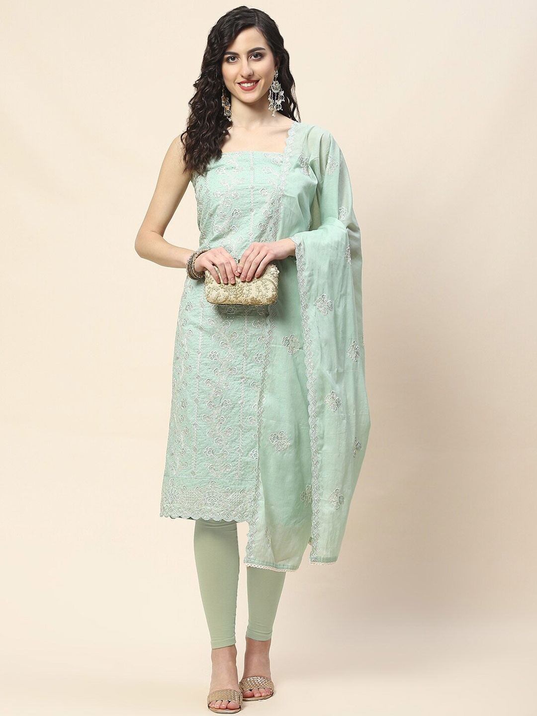 

Meena Bazaar Embroidered Unstitched Dress Material, Sea green