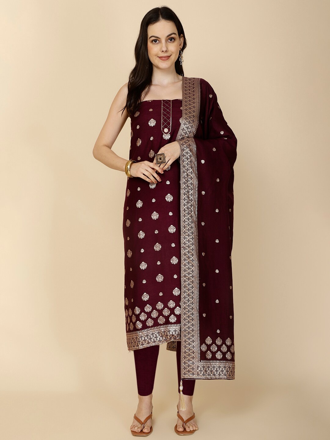 

Meena Bazaar Art Silk Unstitched Dress Material, Burgundy