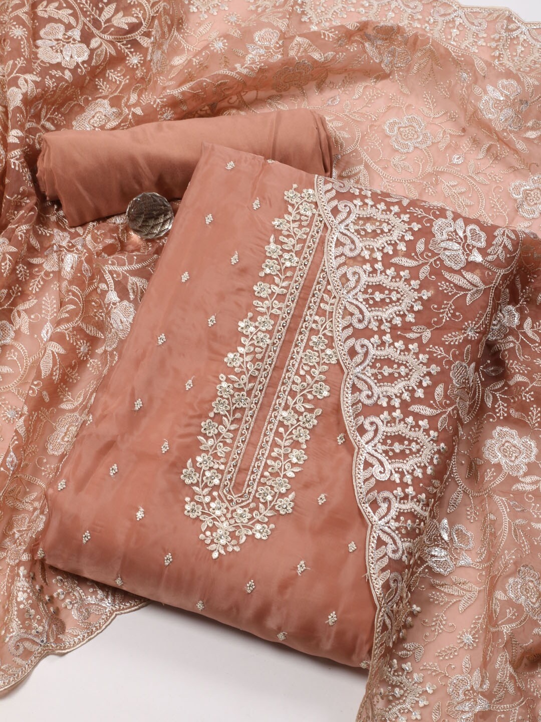 

Meena Bazaar Embroidered Organza Unstitched Dress Material, Brown