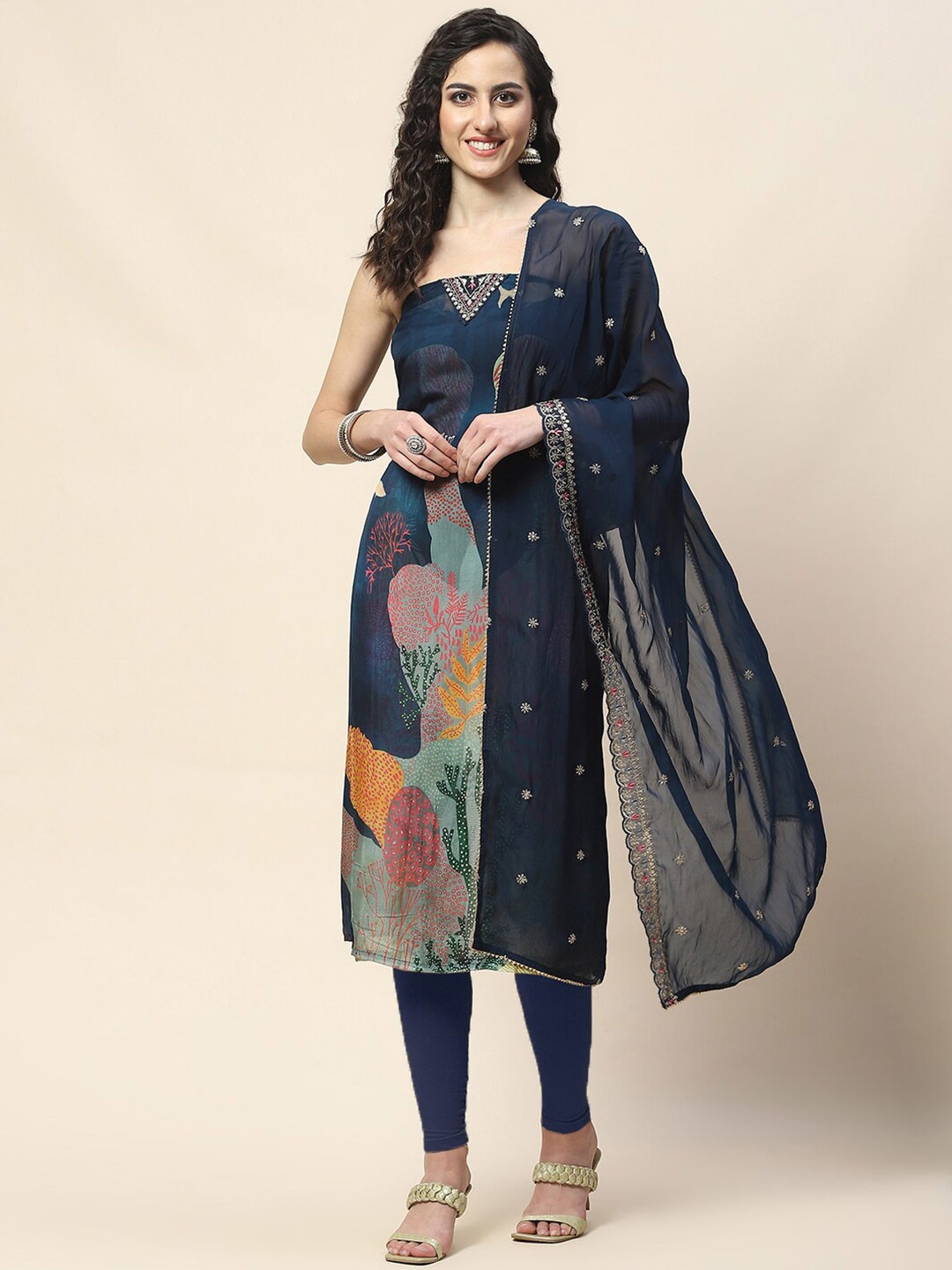 

Meena Bazaar Printed Organza Unstitched Dress Material, Navy blue