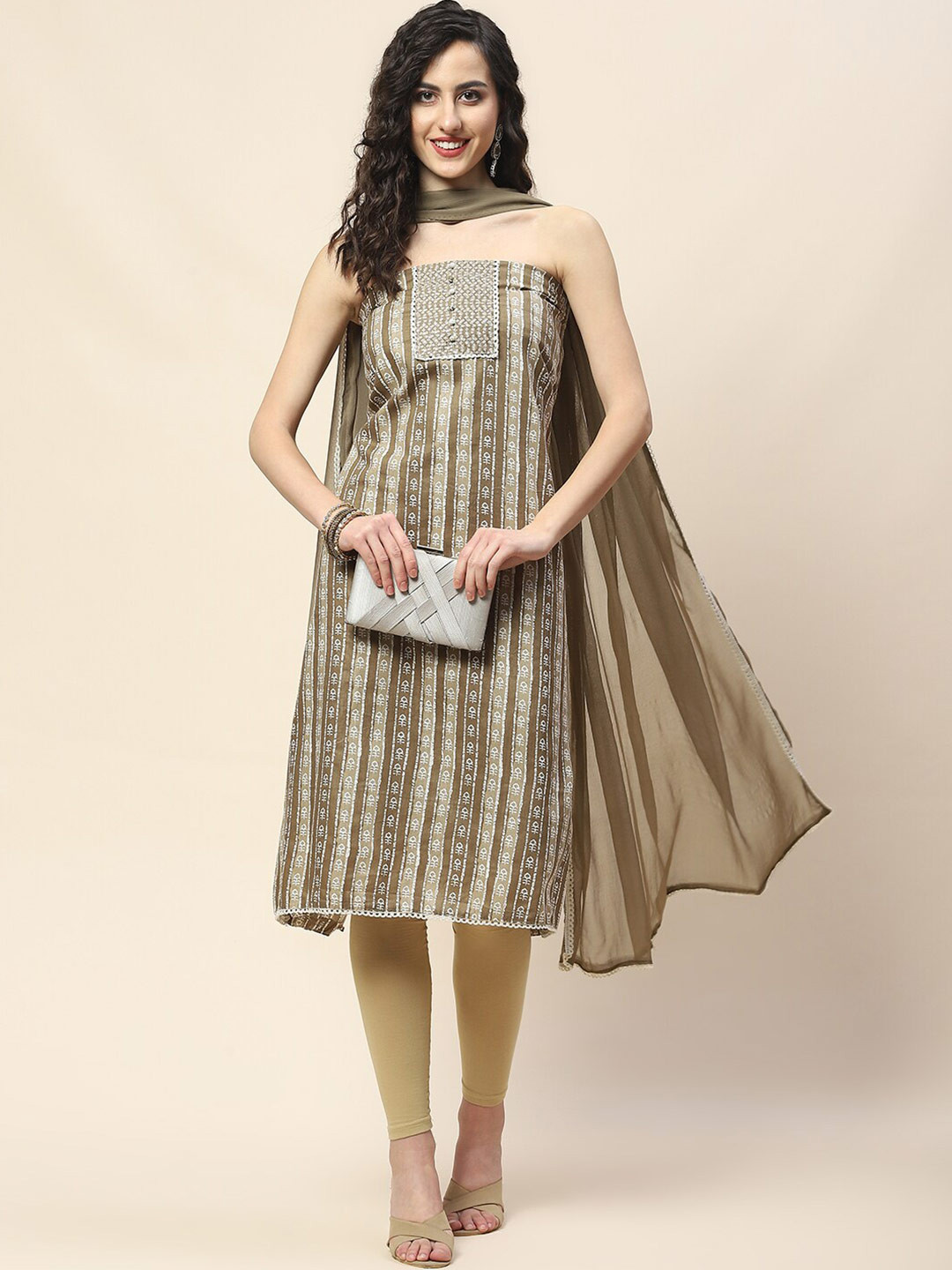 

Meena Bazaar Printed Unstitched Dress Material, Green