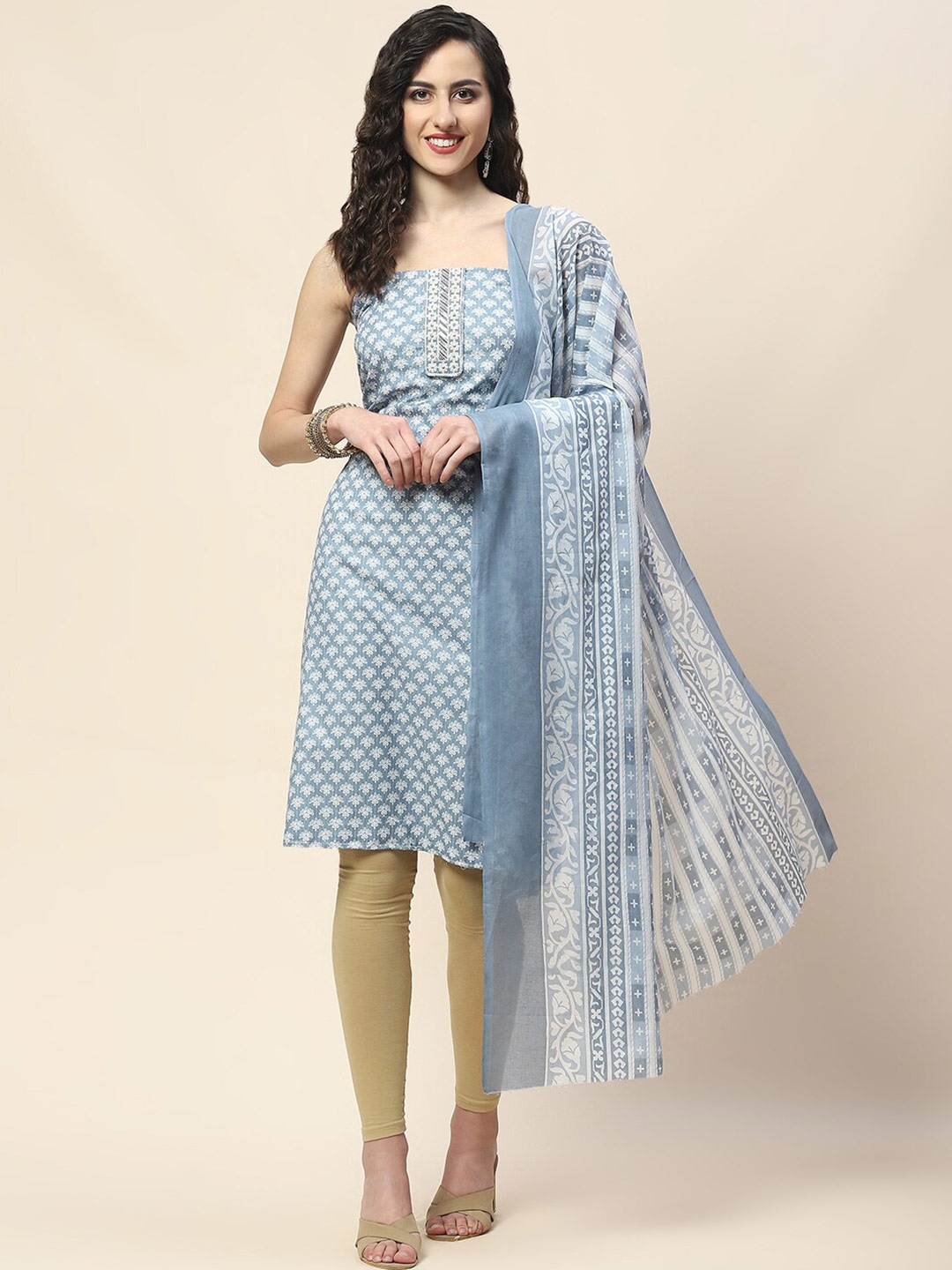 

Meena Bazaar Printed Unstitched Dress Material, Blue