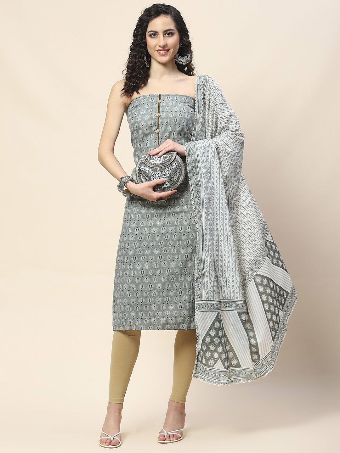 

Meena Bazaar Ethnic Motifs Printed Unstitched Dress Material, Grey