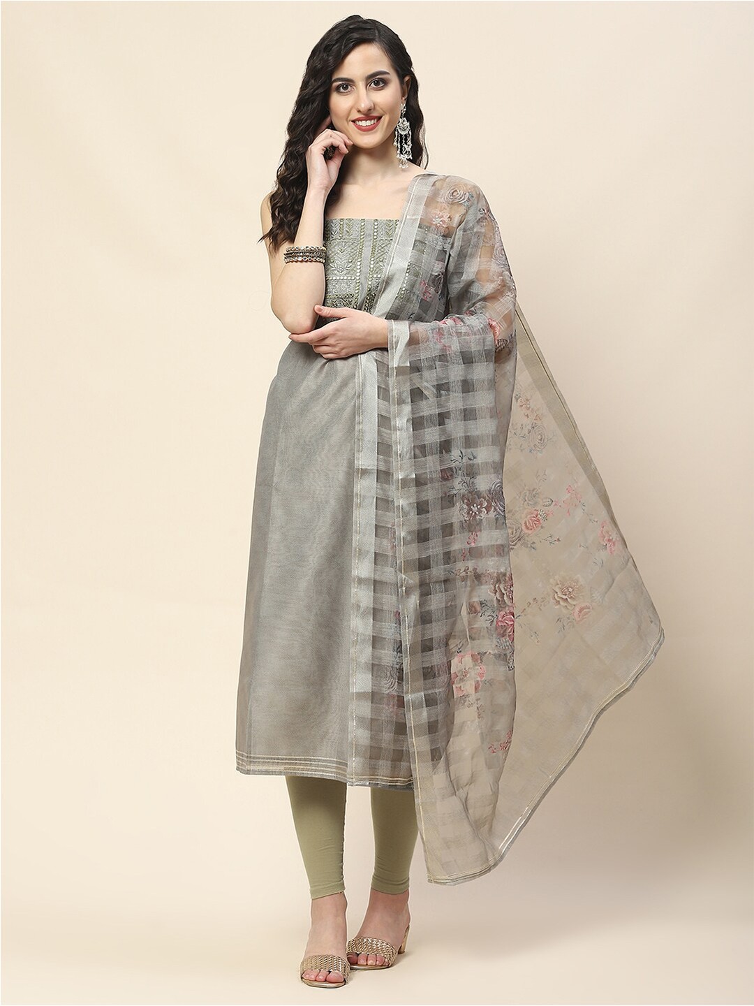 

Meena Bazaar Ethnic Embroidered Unstitched Dress Material, Green