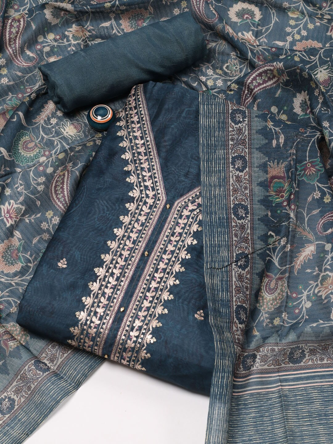 

Meena Bazaar Ethnic Motifs Embroidered Unstitched Dress Material, Blue