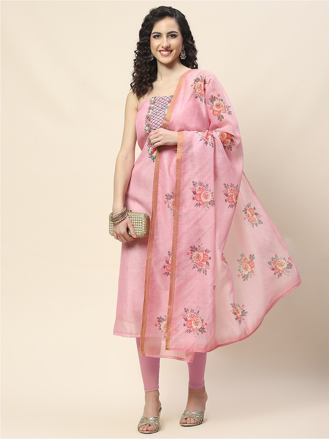 

Meena Bazaar Embroidered Art Silk Unstitched Dress Material, Pink