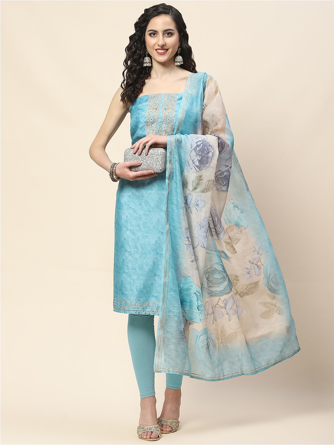 

Meena Bazaar Printed Art Silk Unstitched Dress Material, Blue