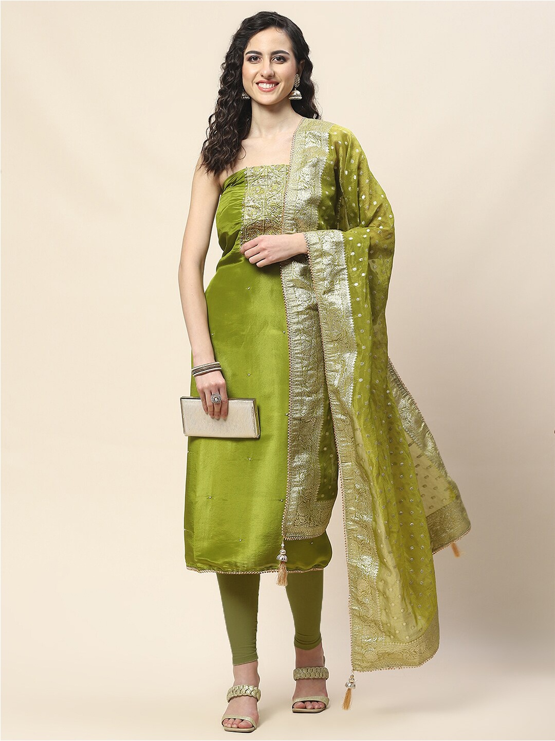 

Meena Bazaar Embroidered Art Silk Unstitched Dress Material, Green