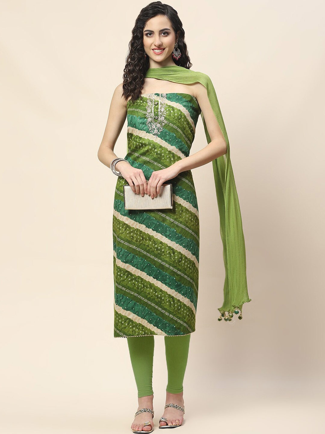 

Meena Bazaar Floral Printed Unstitched Dress Material, Green