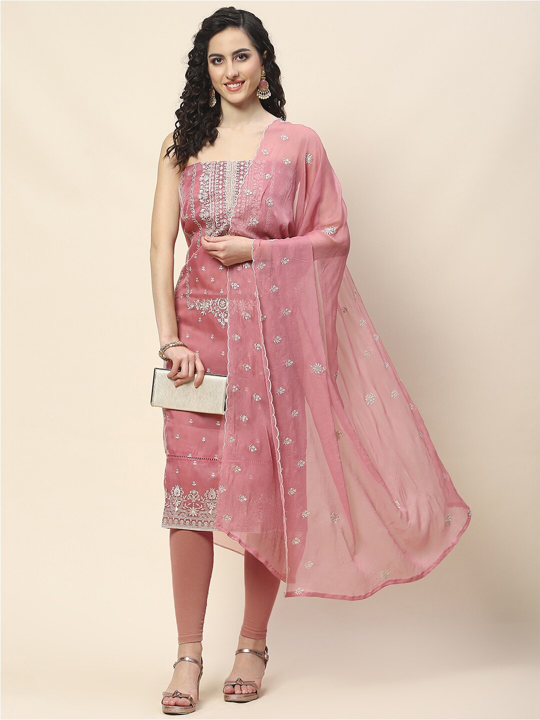 

Meena Bazaar Ethnic Motifs Embroidered Organza Unstitched Dress Material, Pink