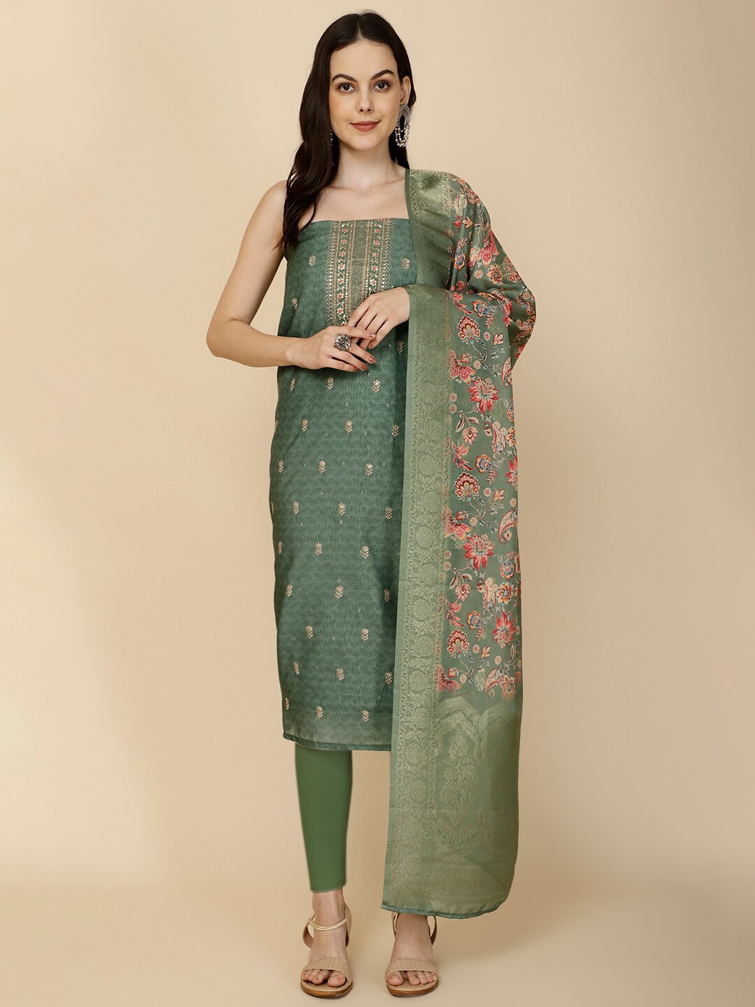 

Meena Bazaar Printed Art Silk Unstitched Dress Material, Teal