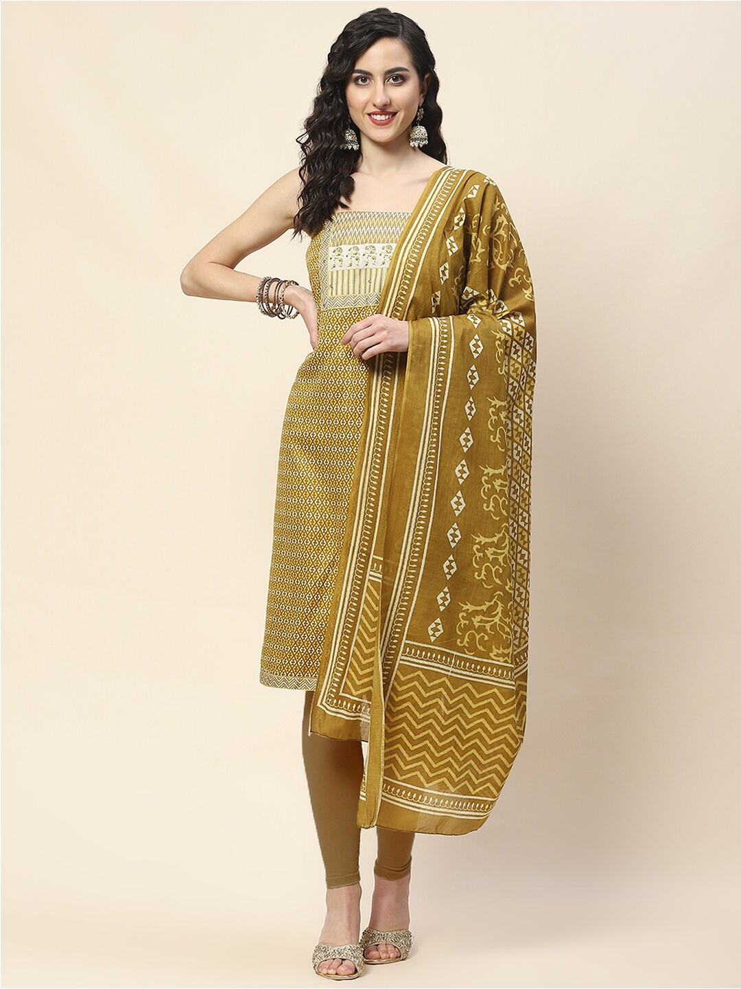

Meena Bazaar Geometric Printed Unstitched Dress Material, Mustard