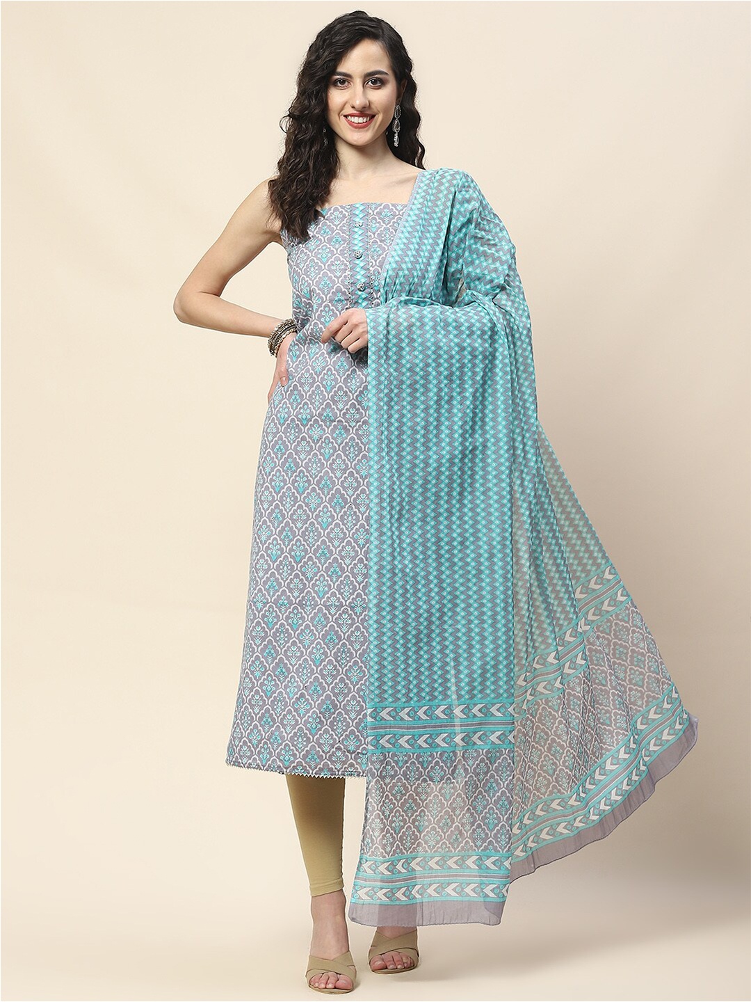 

Meena Bazaar Mirror Work Cotton Printed Unstitched Dress Material, Grey