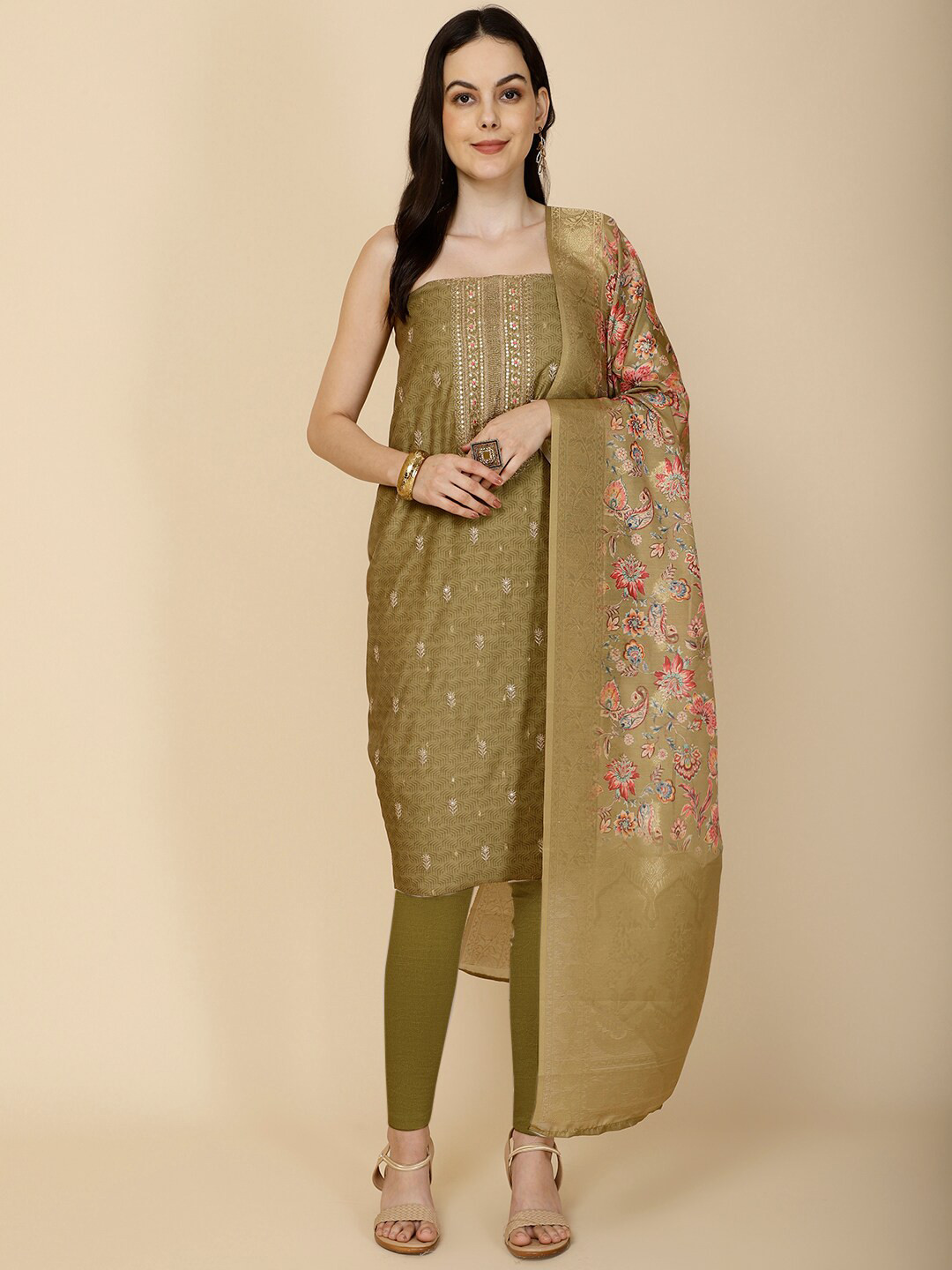 

Meena Bazaar Printed Art Silk Unstitched Dress Material, Green