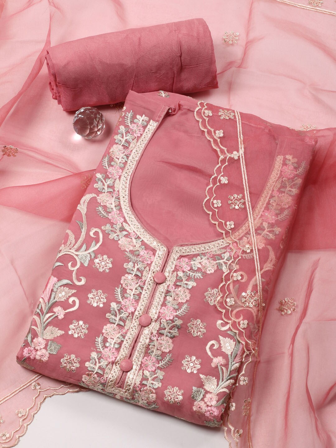 

Meena Bazaar Floral Embroidered Sequinned Unstitched Dress Material, Pink