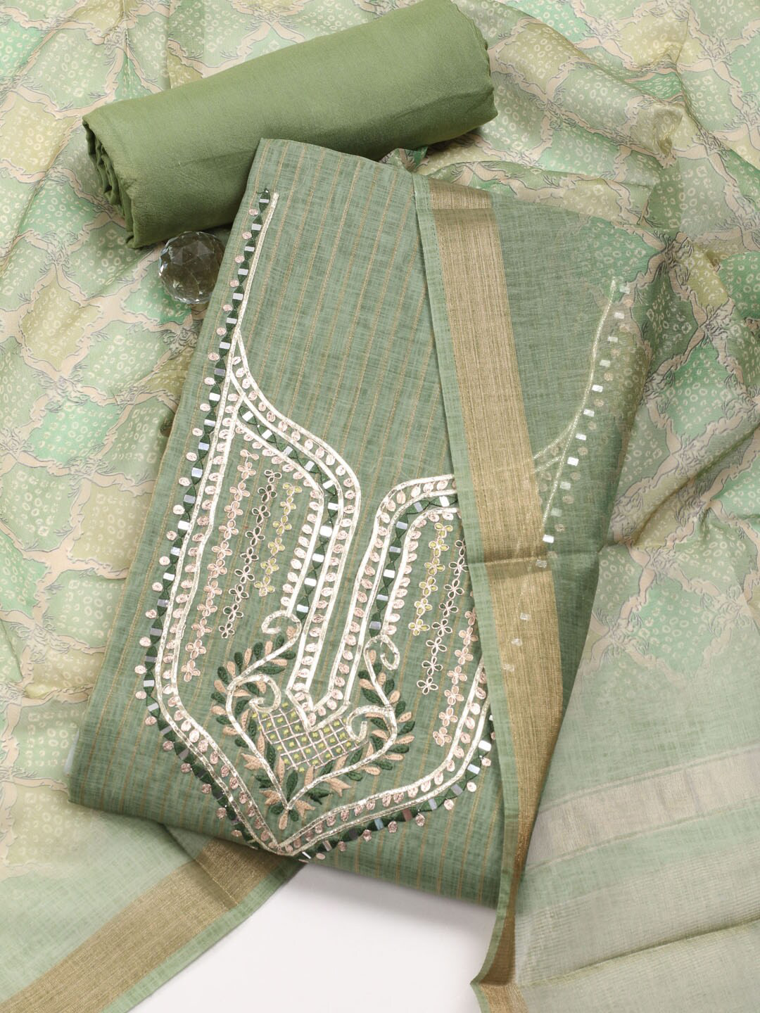 

Meena Bazaar Printed Art Silk Unstitched Dress Material, Green