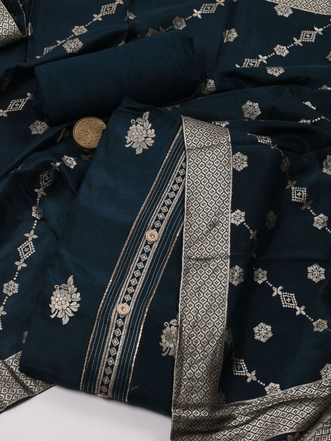 

Meena Bazaar Floral Woven Design Art Silk Unstitched Dress Material, Navy blue