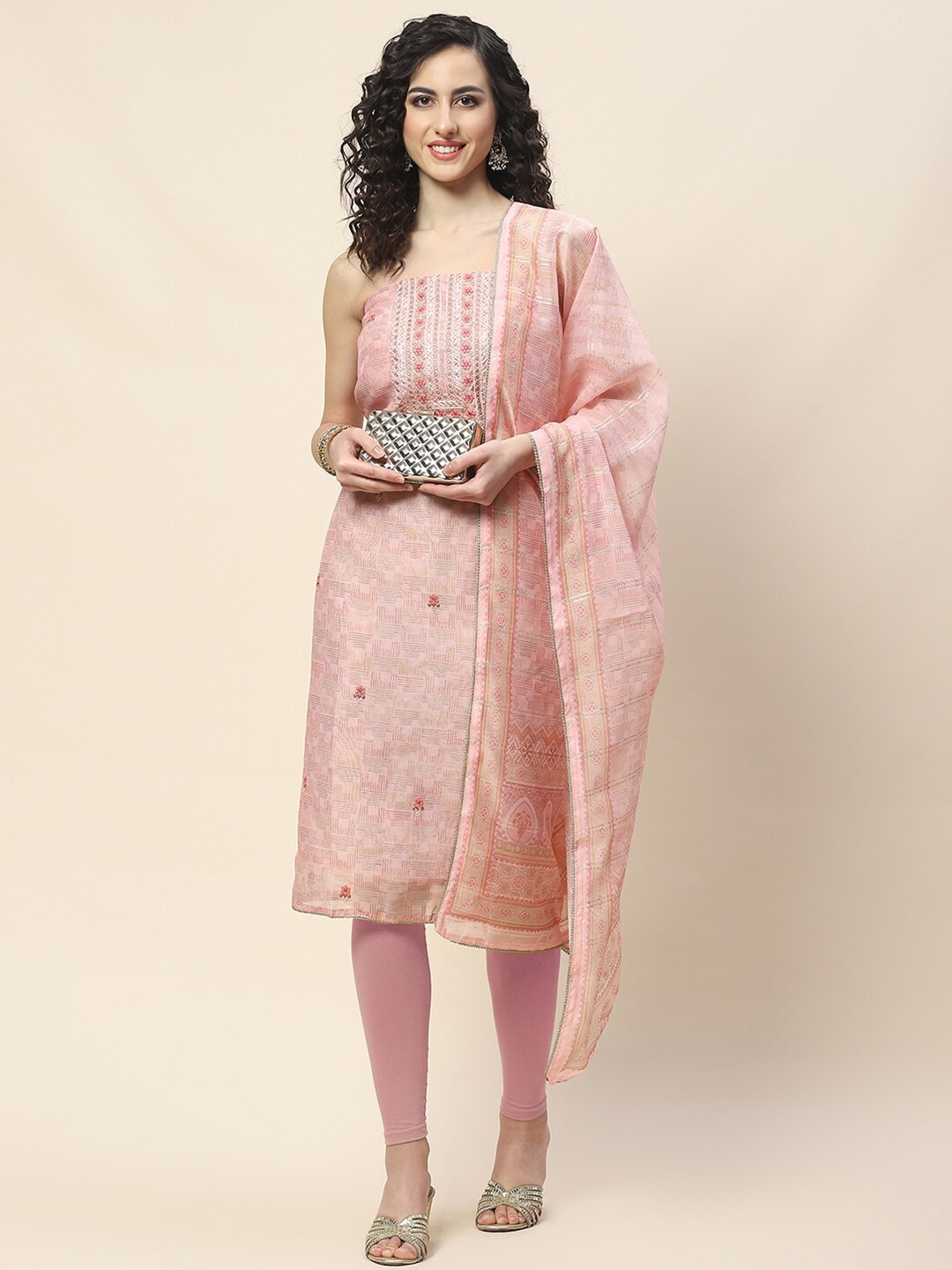 

Meena Bazaar Ethnic Motifs Printed Art Silk Unstitched Dress Material, Pink