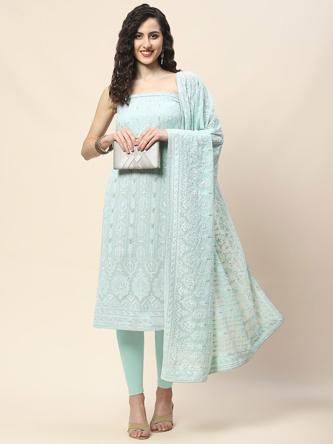 

Meena Bazaar Embroidered Unstitched Dress Material, Sea green