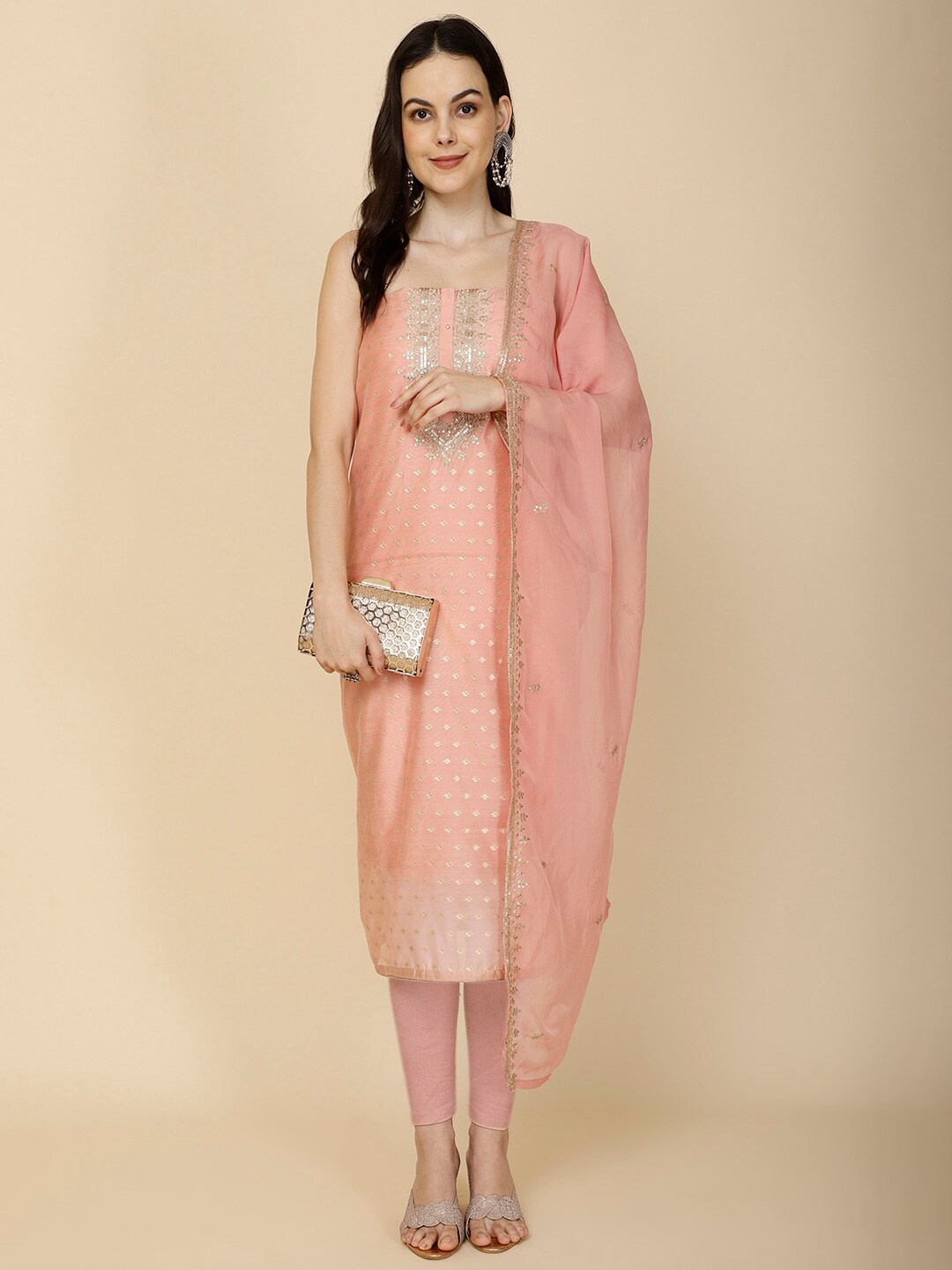 

Meena Bazaar Floral Woven Design Art Silk Unstitched Dress Material, Peach