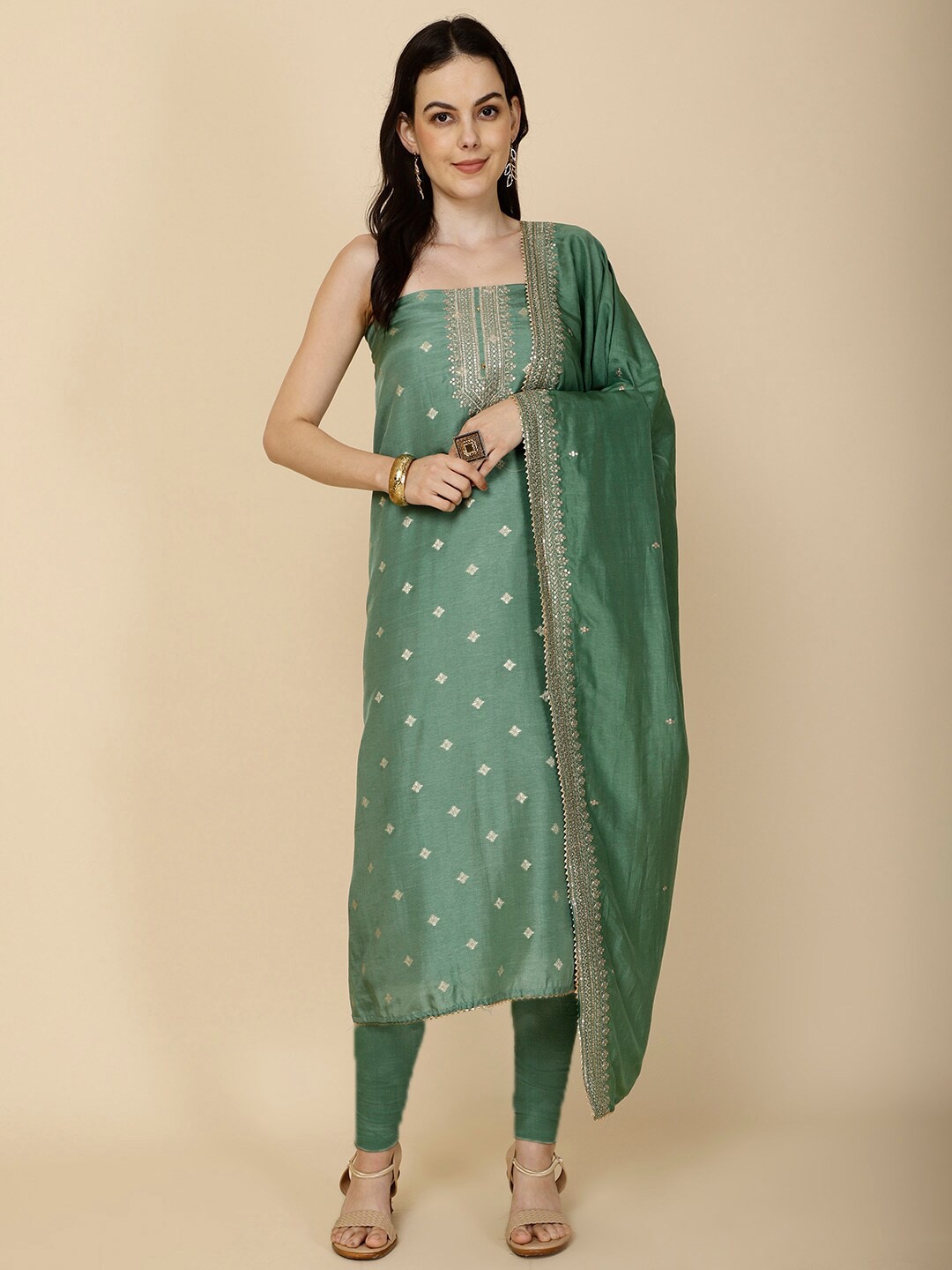 

Meena Bazaar Ethnic Motifs Woven Design Sequinned Art Silk Unstitched Dress Material, Green